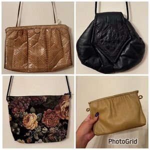Lot of 4 Vintage Genuine Leather Handbags and Embroidery - 1980s Snakeskin, Etc.